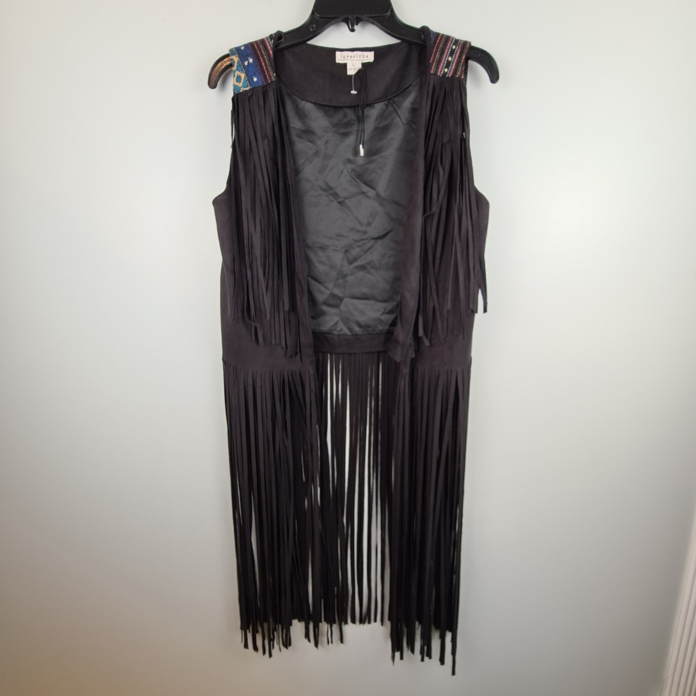Loveriche Womens Black Faux Suede Long Fringe Vest Embroidered Shoulders Large